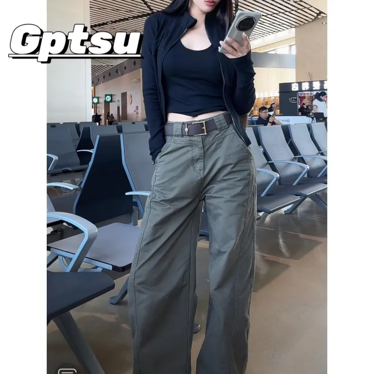 GPTSu工装休闲裤女秋季款大码梨形身材小个子显瘦时尚直筒阔腿裤