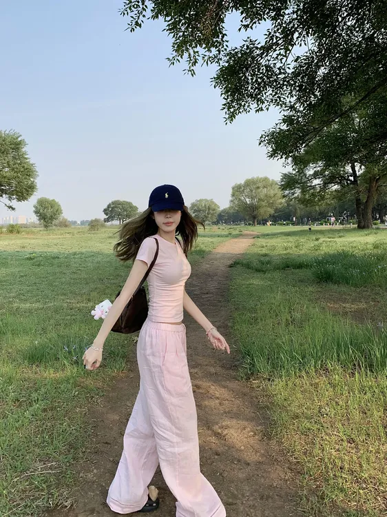 粉色条纹短袖T恤女夏季修身辣妹百搭上衣高腰休闲阔腿裤两件套