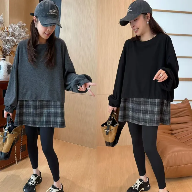 二姐的宝藏设计感格纹拼接休闲毛衣针织衫时尚圆领上衣#25375