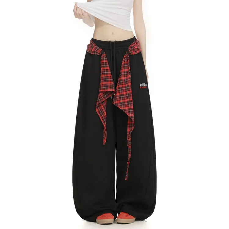 Y-C美式格子屁帘叠穿运动卫裤女宽松慵懒街舞阔腿运弯刀休闲长裤