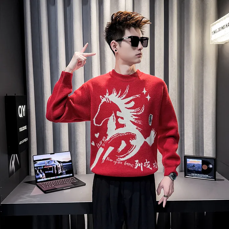 红色针织衫男冬季加厚本命年潮牌毛衣男青年保暖休闲男内搭打底衫