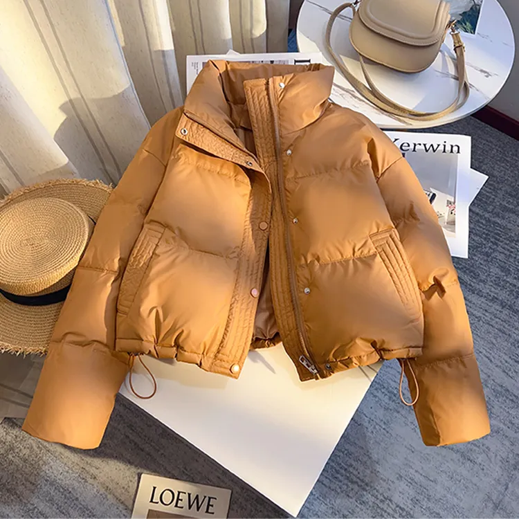 好看橙色立领PU短款羽绒棉服女2025冬季新款小个子面包服大码外套