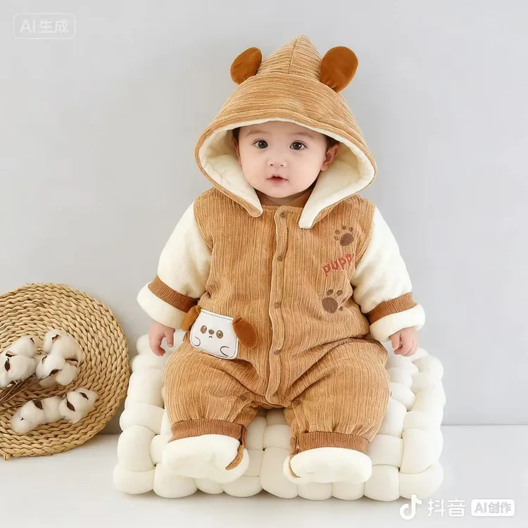 婴儿加绒加棉连帽连体衣冬季宝宝棉服冬款外穿加厚洋气幼儿连身衣