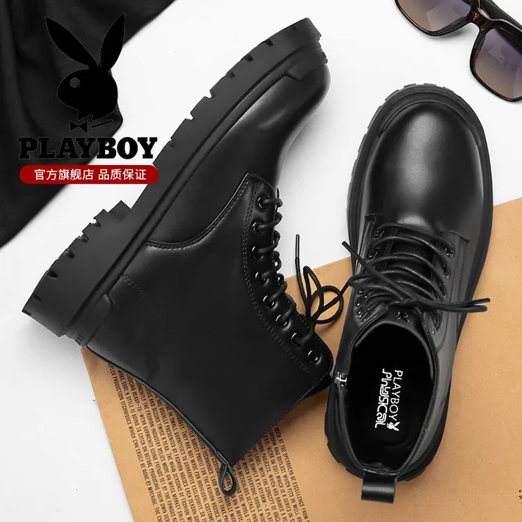花花公子马丁靴男秋冬户外黑色机车靴子男真皮休闲英伦高帮工装靴