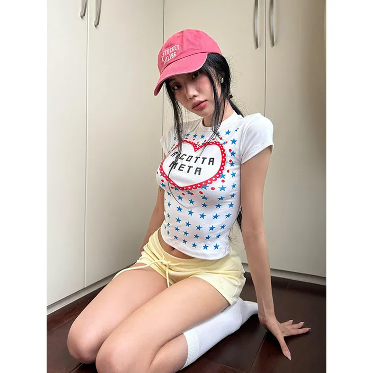 美式星星满印印花短袖t恤女夏季纯棉新款修身正肩甜辣妹短款上衣