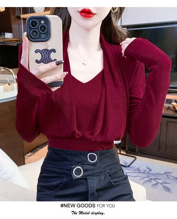 小众设计感假两件红色上衣女春轻熟风气质v领长袖T恤收腰显瘦小衫
