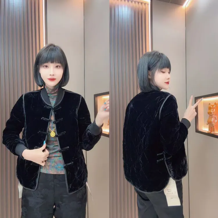 敏宝＋599秋冬新中式宽松型女V领短外套金丝休闲ins设计师重工