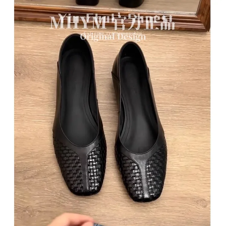 轻奢风复古编织方头浅口单鞋女夏季新款法式粗跟休闲玛丽珍鞋女