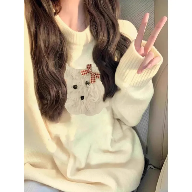 韩版奶黄色蝴蝶结小狗圆领毛衣秋冬季男女慵懒风套头宽松大码毛衣