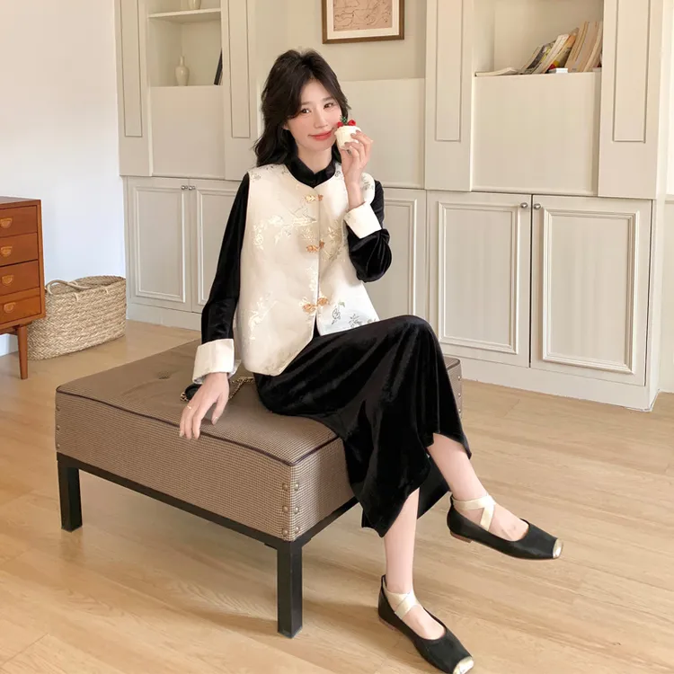 新中式套装裙女2025春秋新款复古氛围感国风印花马甲连衣裙两件套