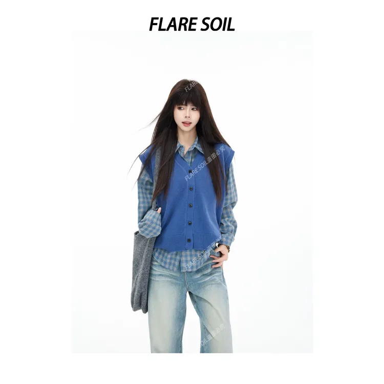 【FLARE SOIL】真两件韩系针织马甲拼复古格子衬衫 T40468AE