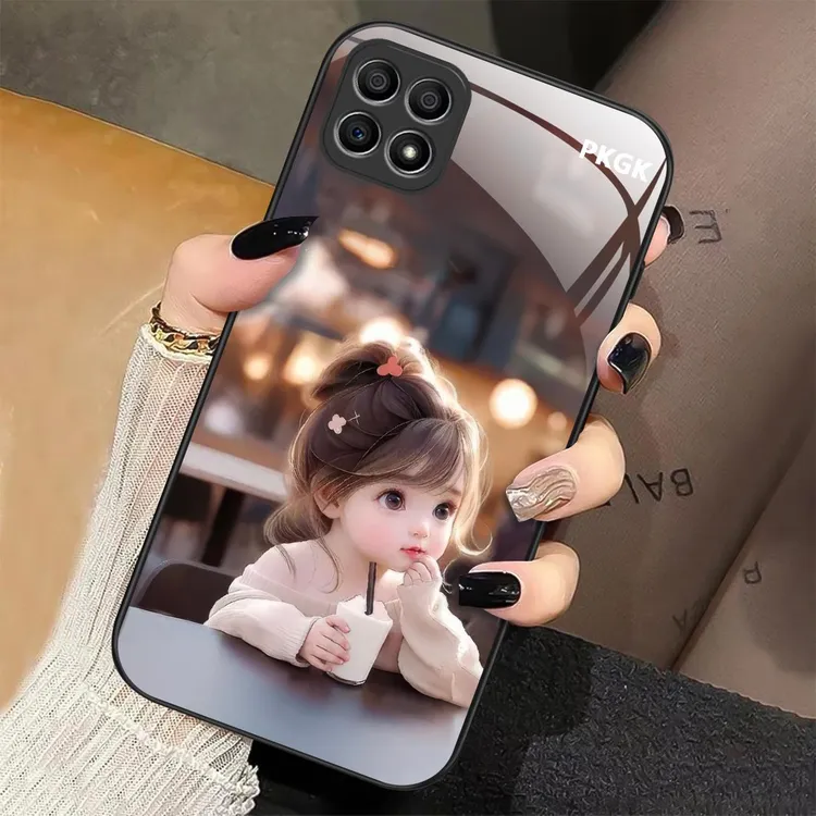 适用【荣耀X30i】喝茶女孩液态玻璃手机壳 超薄防摔刮 网红时尚