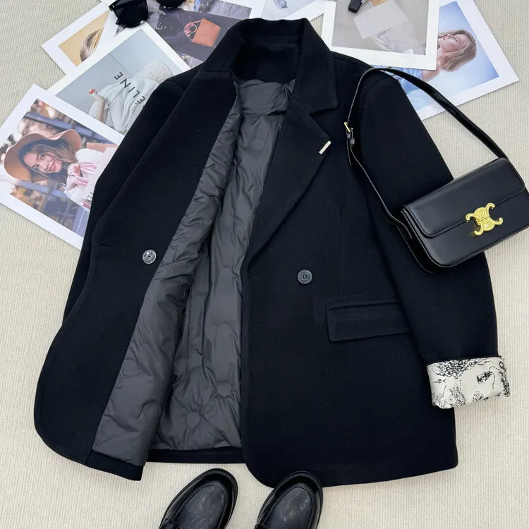 2025冬季新款翻袖拼接毛呢西装外套加厚西服女装内胆气质百搭大衣