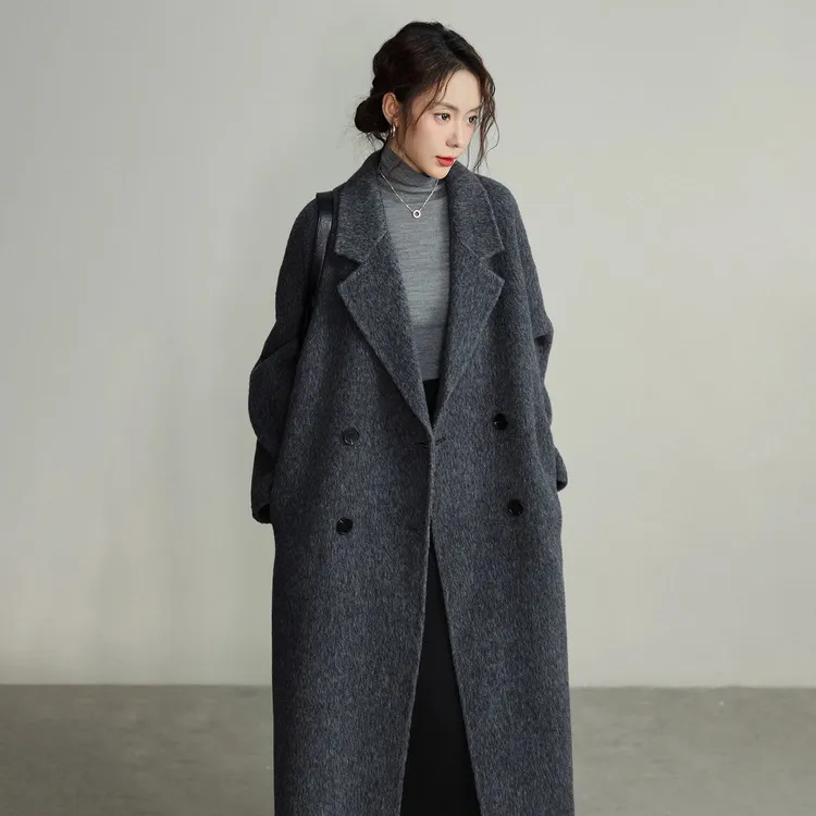 黑色双面羊绒大衣女中长款2025秋冬爆款韩版高级慵懒风羊毛呢外套