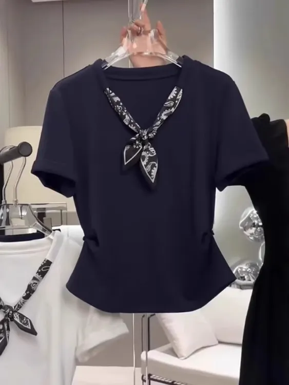 大码胖mm法式高级感丝巾短袖T恤女士夏季款遮肚子显瘦纯色上衣ins