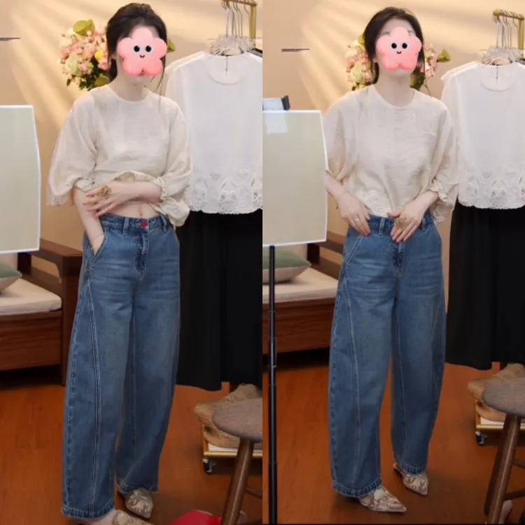 2025设计感提花刺绣灯笼袖套头衬衣+高腰百搭显瘦牛仔裤LK2505550