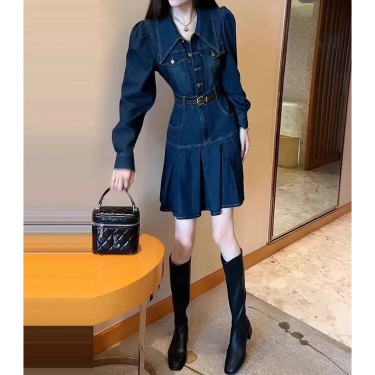 港风复古长袖牛仔连衣裙女春秋季新款韩系收腰显瘦小个子百褶短裙