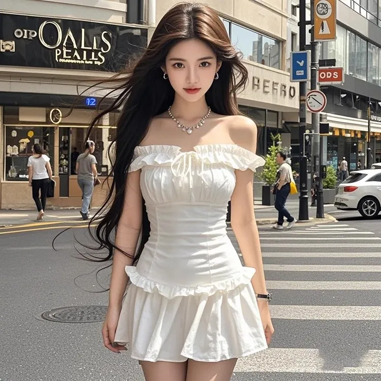 【KEKE】白色设计感小众别致木耳边一字肩显瘦性感辣妹连衣裙女时尚
