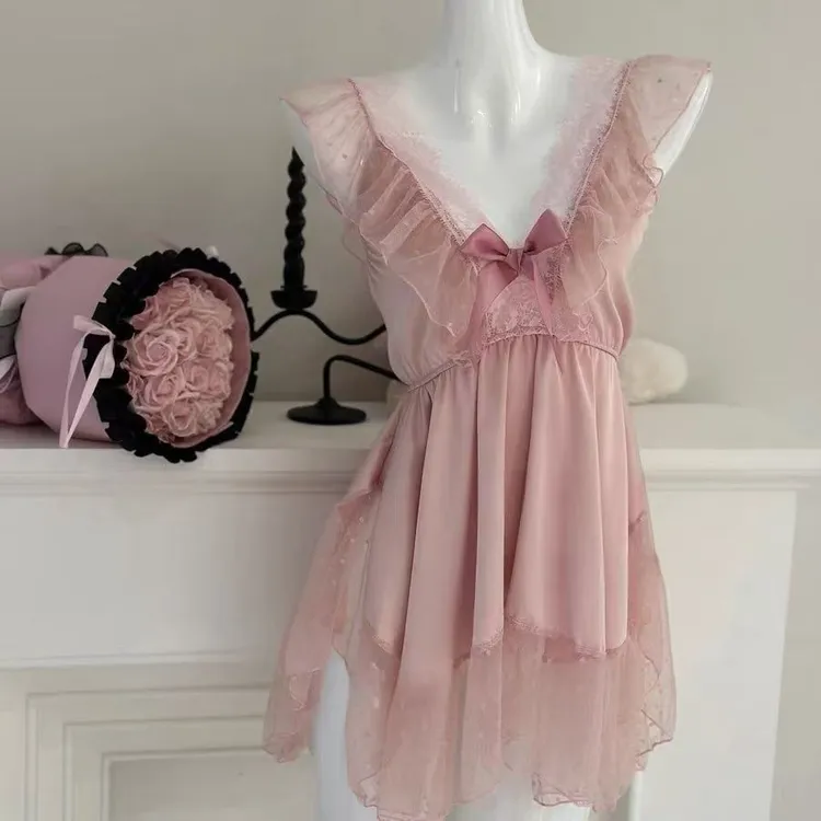 新款气质纯欲V领花边拼接睡裙蕾丝显瘦睡衣80-140斤