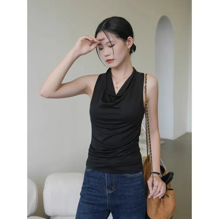 黑色挂脖吊带背心女2025新款早秋季荡领美背无袖气质内搭上衣外穿