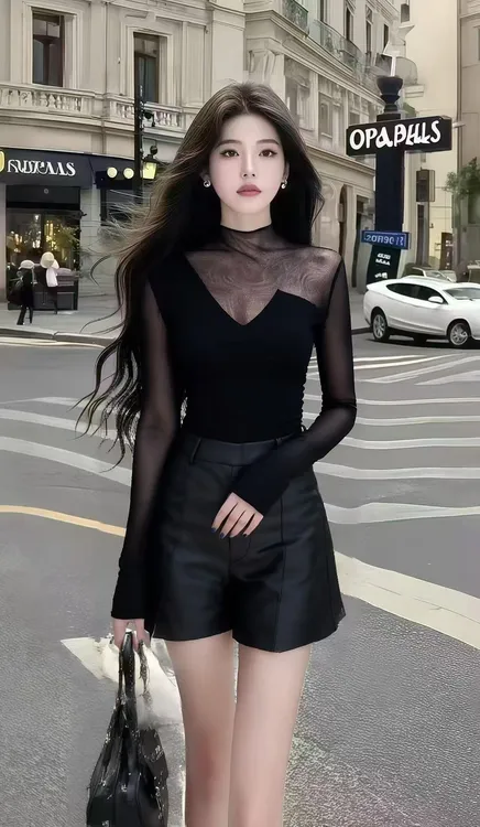 早秋轻奢高级轻熟风穿搭黑色高领设计感修身上衣+黑色高腰短裤女