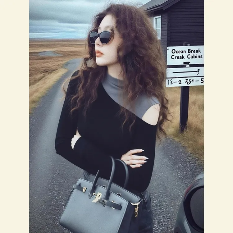 美式复古黑色假两件T恤露肩上衣女2025冬季内搭设计感小众打底衫