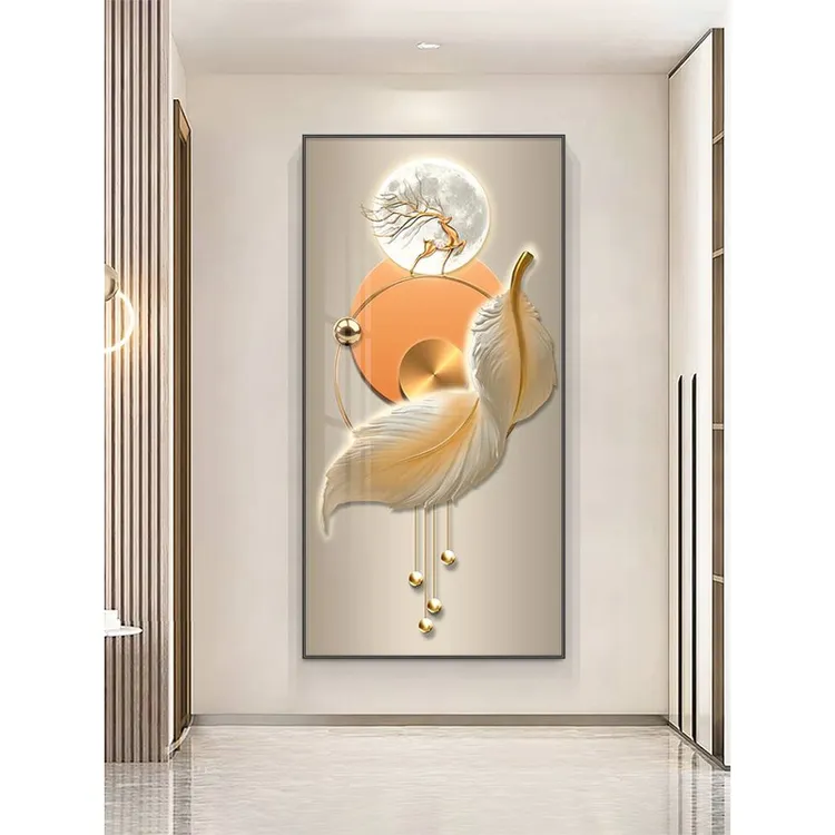 高级感玄关装饰画现代轻奢羽毛走廊过道挂画高级感入户客厅竖版抽