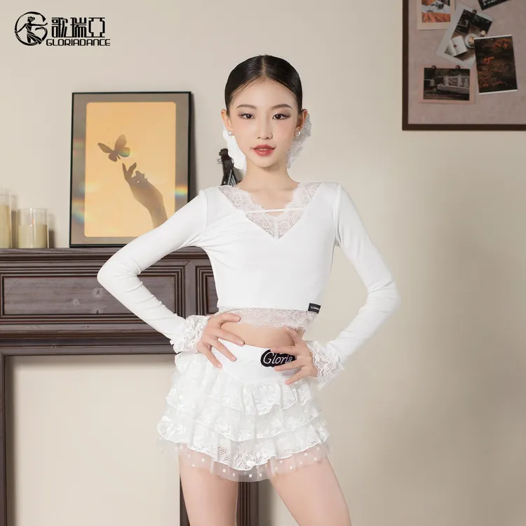 歌瑞亚拉丁舞服女童秋新款圆领长袖上衣蕾丝半裙套装表演出训练功
