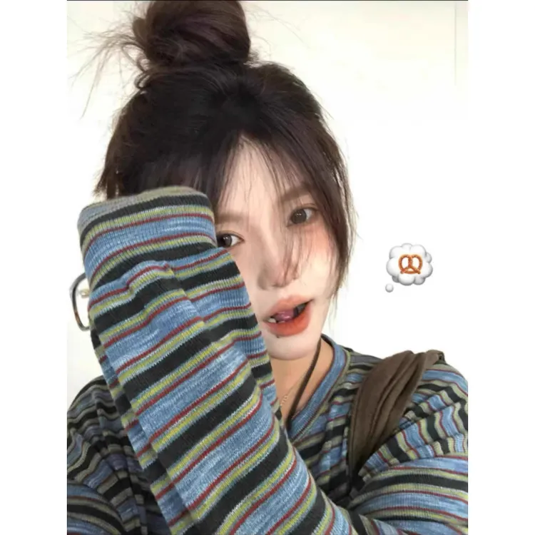 韩系慵懒设计感条纹复古长袖卫衣女秋季小众休闲圆领宽松套头上衣