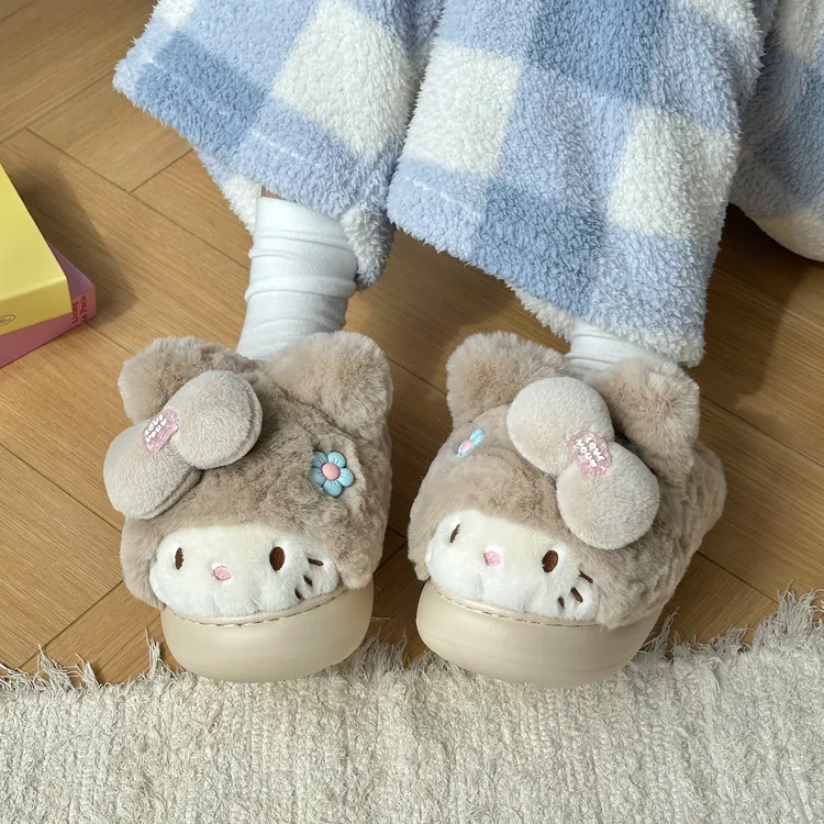 可爱卡通KT猫拖鞋女2025秋冬新款加绒保暖外穿厚底防滑亲子棉拖鞋