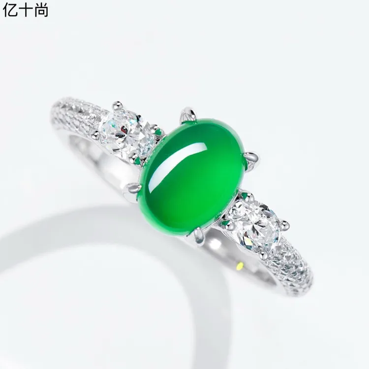 925银合成锆石戒指 亿十尚满天星双钻蛋面绿萃纯银戒指轻奢洋气雅