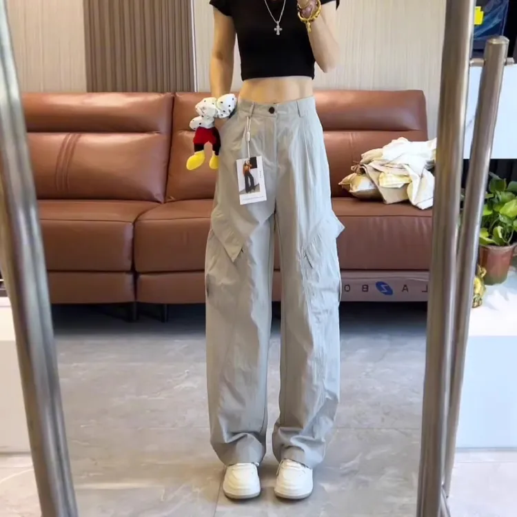 美式复古米灰色速干工装裤女夏季薄款2026新款高腰显瘦垂感阔腿裤