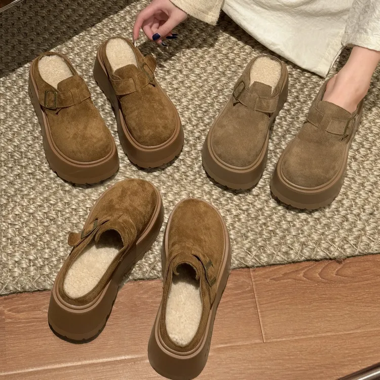 贾不假秋冬外穿半拖鞋女款2025新款百搭加绒厚底增高勃肯鞋配裙子