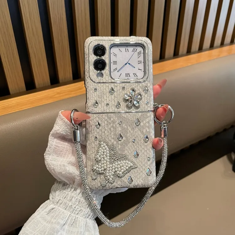 适用华为novaflip手机壳电镀连体鳄鱼纹蝴蝶花花DIY满钻novaflipS