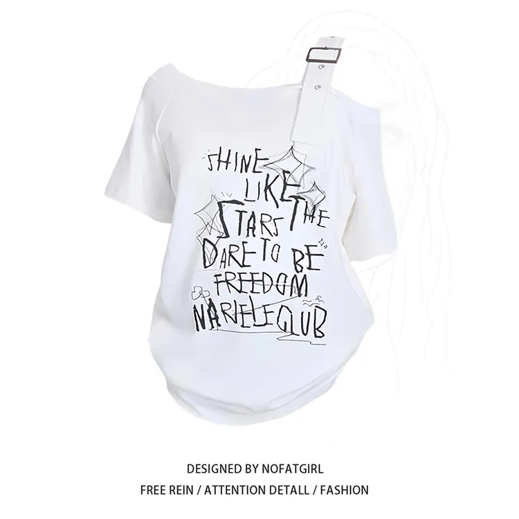 大码胖MM美式辣妹创意印花斜肩短袖T恤女夏季宽松显瘦上衣涂鸦ins