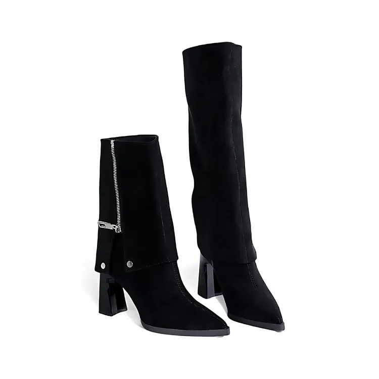 网红一鞋三穿高跟短靴秋冬新款粗跟时装靴侧拉链金属扣时尚中筒靴