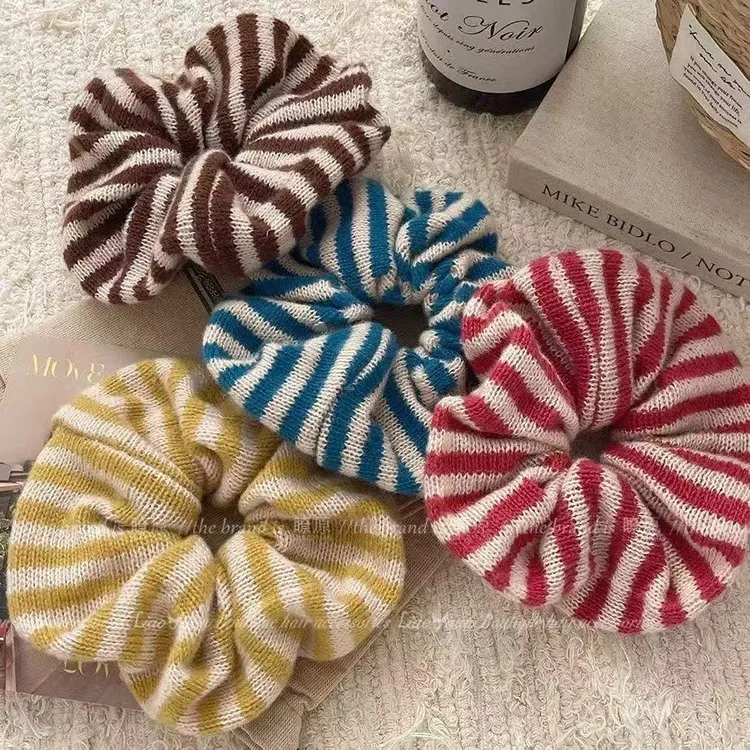 2025新款韩系温柔条纹毛线大肠发圈女扎马尾高弹力不伤发头绳发饰