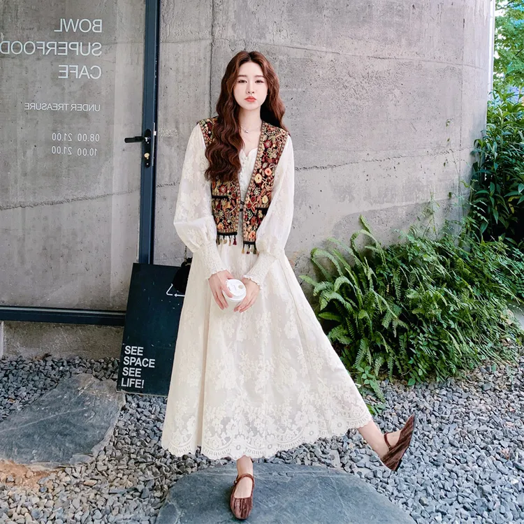 重工印花马甲蕾丝提花裙2025春秋新款高级感法式温柔风氛围感套装