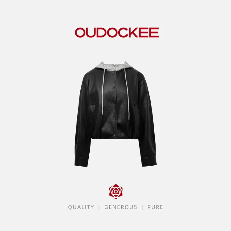 OUDOCKEE 鸥鸥【棉】戴帽皮衣 假两件连帽高级感皮衣外套 JACX612T