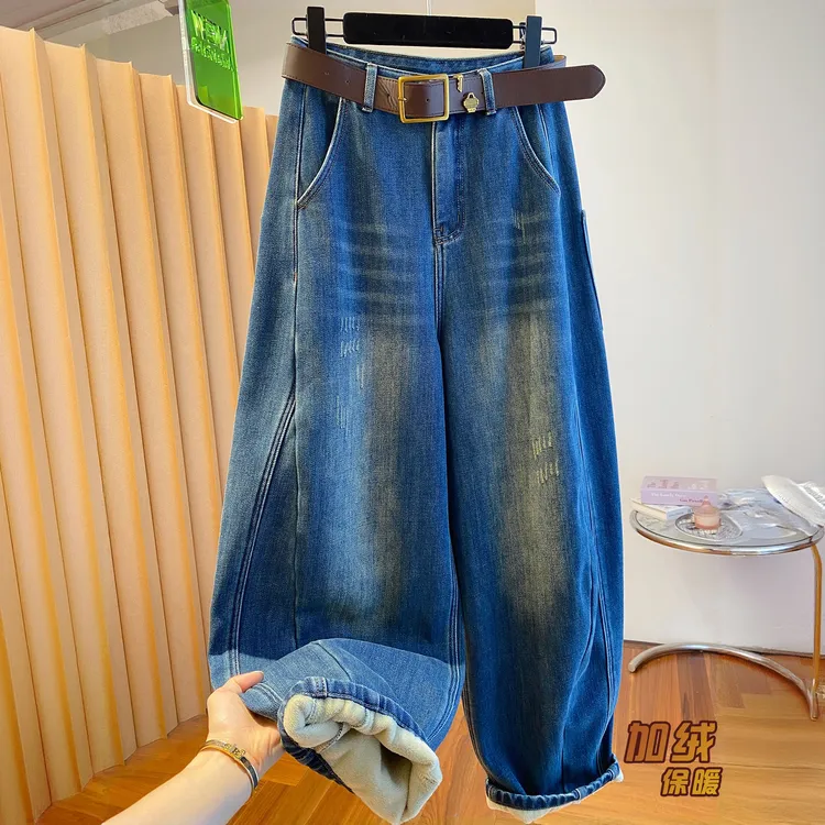 巨好看的加厚加绒牛仔裤女2025新款冬季宽松保暖蓝色弯刀裤香蕉裤