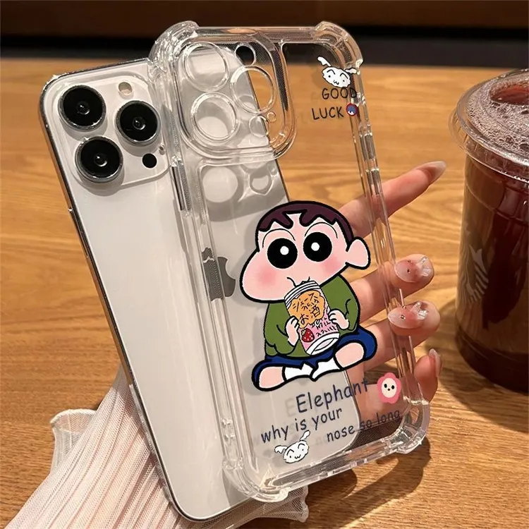 贪吃小新四角气囊适用苹果16promax手机壳iPhone15全包1314防摔12