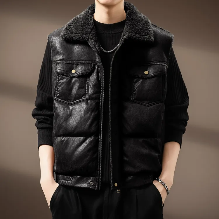 高端做旧裂纹皮加厚羊羔绒棉衣马甲男士外套秋冬保暖黑色棉服背心