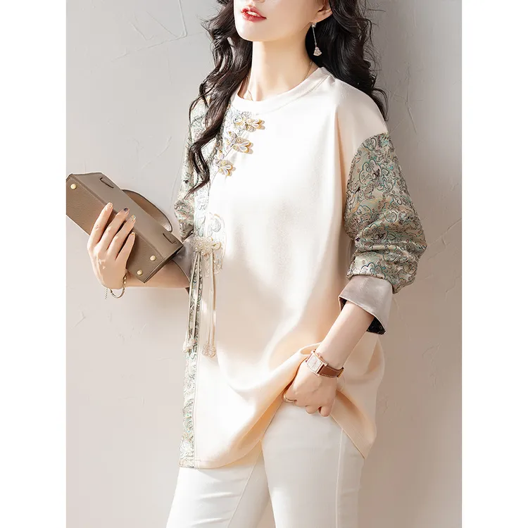 新中式提花拼接长袖2025春季新款设国风中长女装上衣卫衣圆领宽松