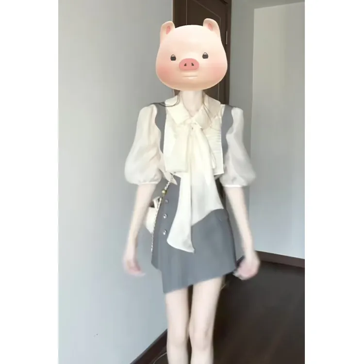 气质御姐穿搭一整套女夏季高级感蝴蝶结衬衫高腰背带裤裙两件套装