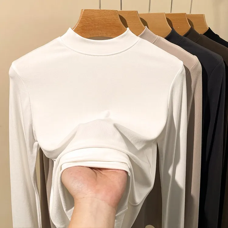 纯棉半高领打底衫女白色t恤正肩洋气秋冬上衣修身内搭长袖小立领