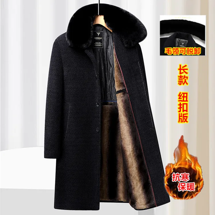 中老年男装加绒外套冬季保暖长款毛领爸爸装加厚棉衣老年人棉衣服