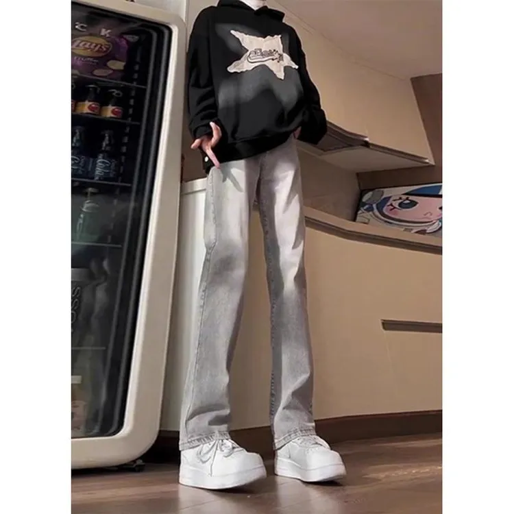 美式复古水泥色cleanfit牛仔裤男春秋新款高街ootd烟灰色微喇裤子
