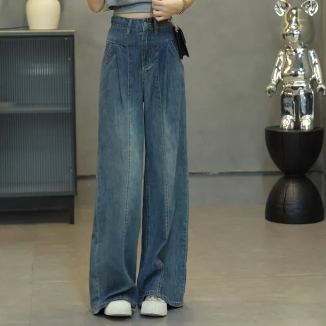 墨黛蓝新款复古休闲阔腿高腰显瘦垂感百搭直筒裤牛仔裤女7300G