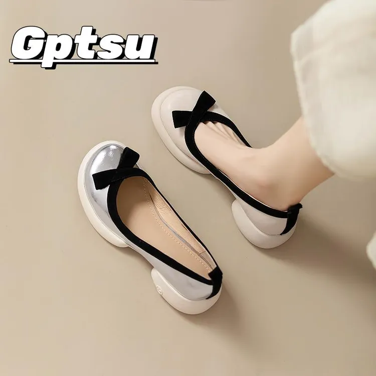 GPTSu巨舒适法式复古厚底单鞋女小香风拼色圆头蝴蝶结软底小皮鞋