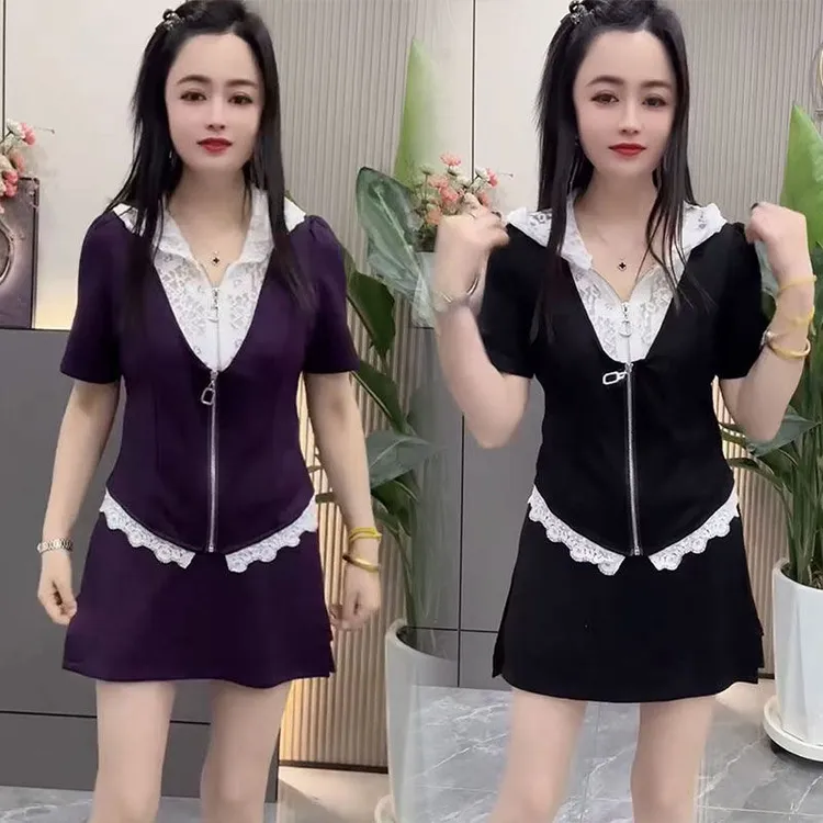网红同款蕾丝拼接连帽短袖拉链上衣+裤裙时尚套装女夏休闲两件套
